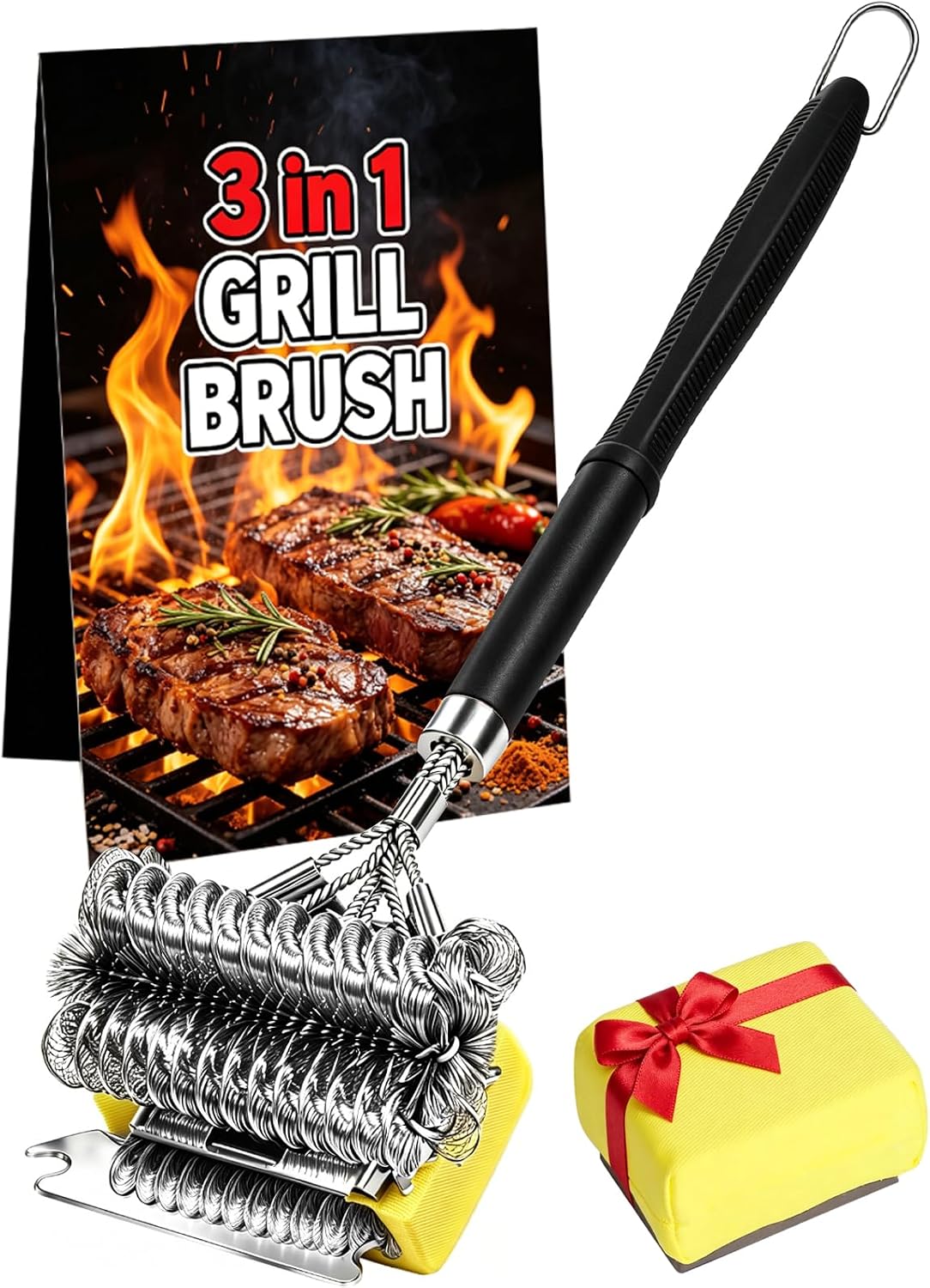 Professional 3-in-1 Grill Brush and Scraper with Safety Second Sweep Sponges - 18" Detachable Long Handle BBQ Cleaner for Heavy Duty Grime - Ideal Father's Day Grilling Gift for Men (Black)