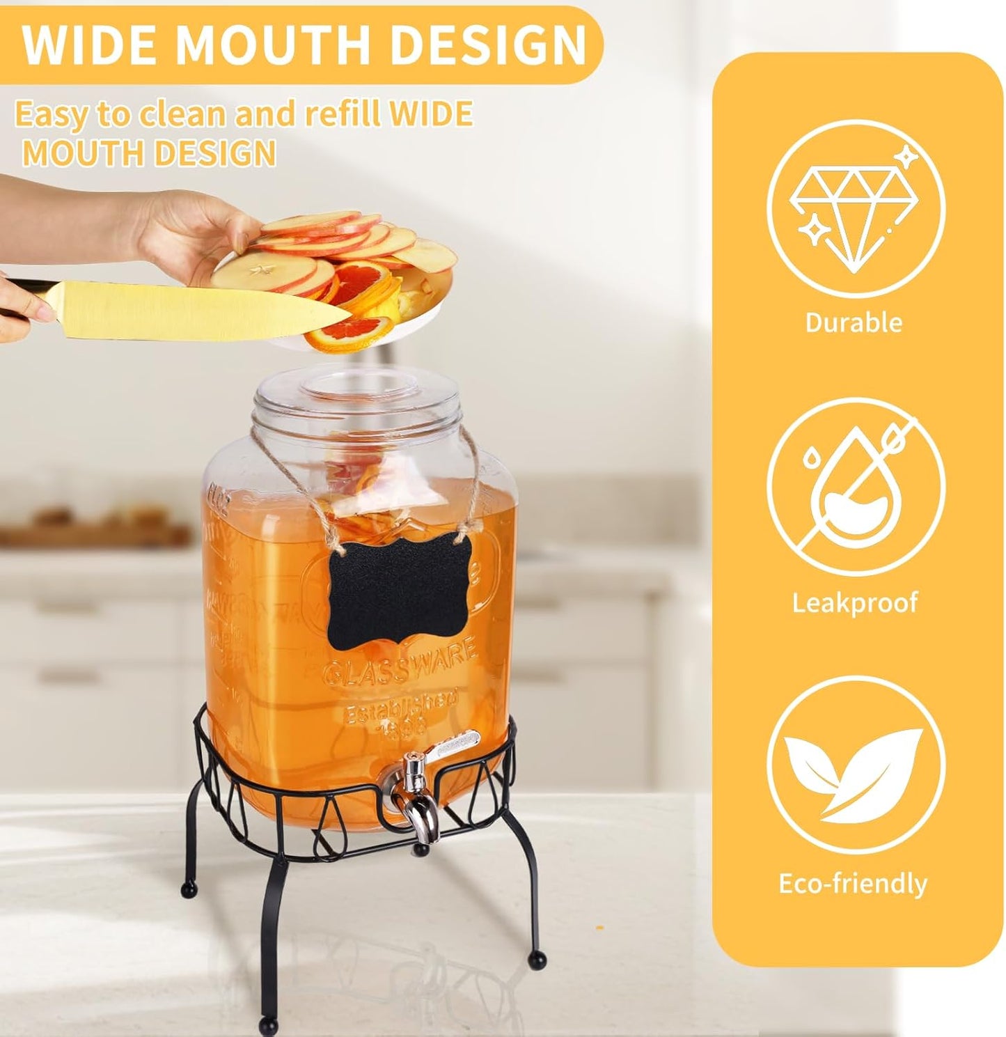 2 Gallon Glass Beverage Dispenser Jars, Ice Juice Dispenser with Stainless Steel Faucet and Metal Stand for Parties & Wedding (1 Pack Jar)