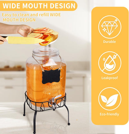2 Gallon Glass Beverage Dispenser Jars, Ice Juice Dispenser with Stainless Steel Faucet and Metal Stand for Parties & Wedding (1 Pack Jar)
