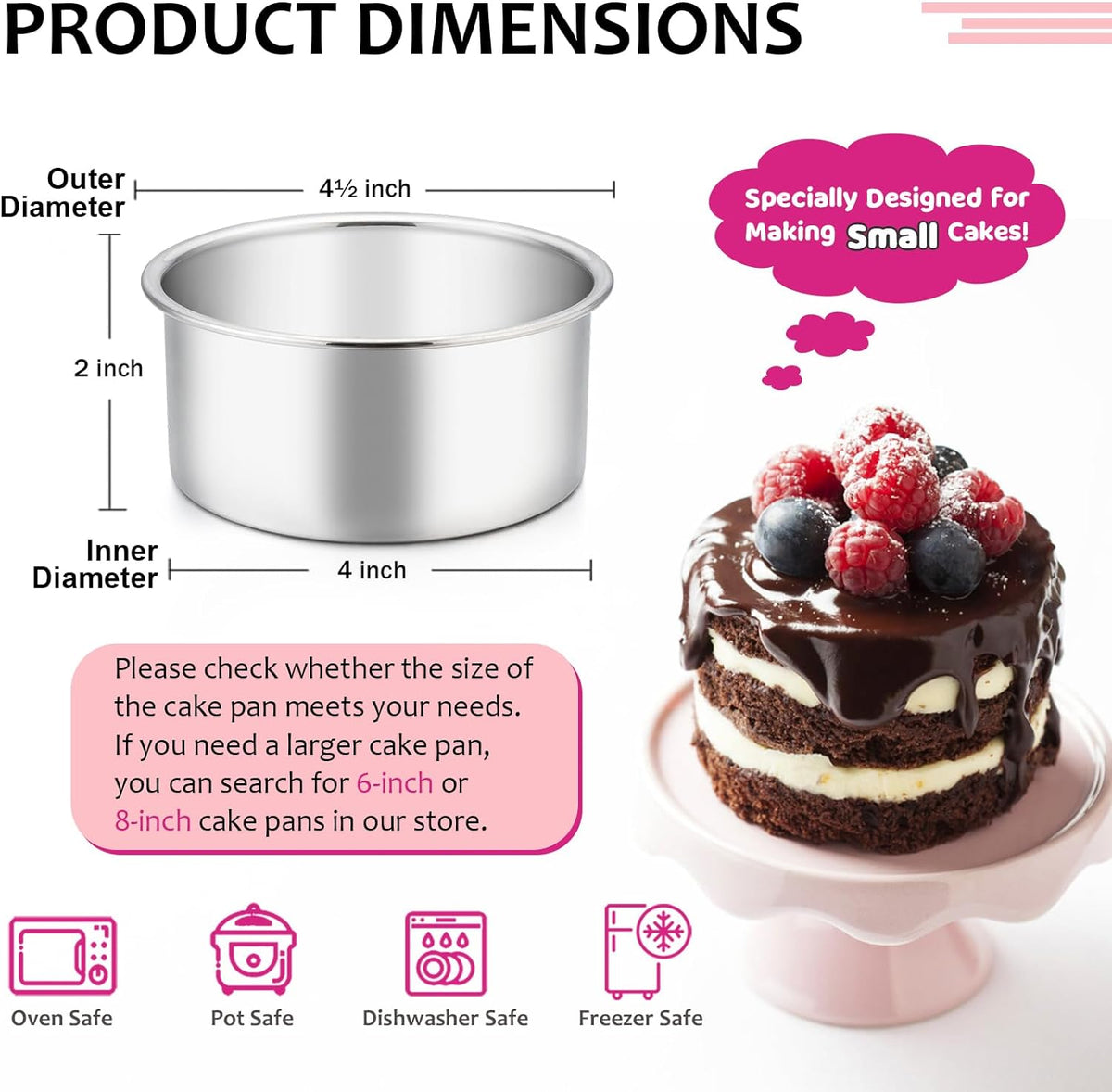 E-far 4 Inch Small Cake Pan, Stainless Steel Mini Round Smash Cake Baking Pans, Non-Toxic & Healthy, Mirror Finish & Dishwasher Safe