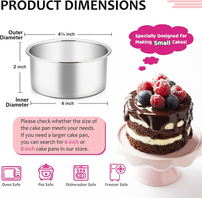 E-far 4 Inch Small Cake Pan, Stainless Steel Mini Round Smash Cake Baking Pans, Non-Toxic & Healthy, Mirror Finish & Dishwasher Safe