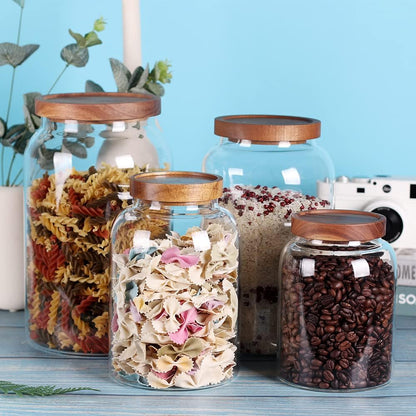 Large Glass Jar with Airtight Lid Set of 2 93 FL OZ(2750ml) glass canister set, Glass Food Containers Wooden Lid Suit for Kitchen Pantry for Flour, Tea, Coffee Beans, Sugar, Cookies(8.8 inch high)