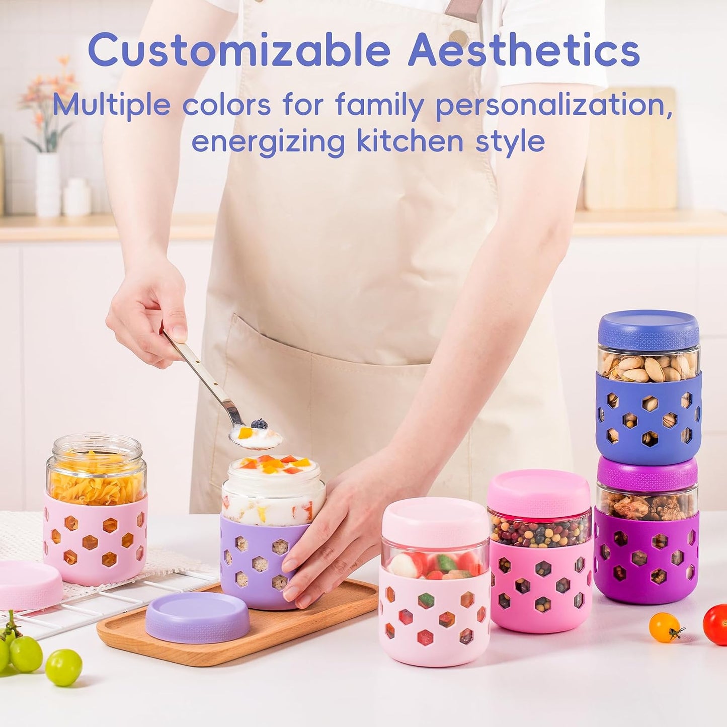 Gemice 6-Pack 10oz Glass Mason Jars with Silicone Sleeves, Airtight BPA-Free Overnight Oats Containers with Lids, Dishwasher Safe Leak-Proof Meal Prep Jars for Chia Pudding, Yogurt, Snacks