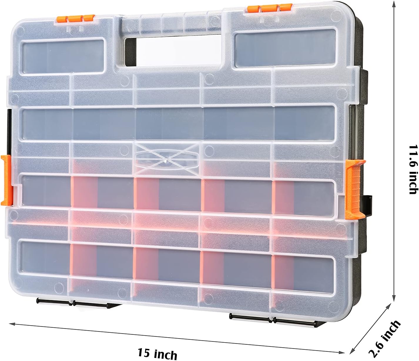 Makitoyo Tool Box Organizers, Interlocking Black Small Parts Organizer for Fasteners, Parts and Crafts w/Removable Dividers, 2 Pieces Pack, Black & Orange,15”L×11.6”W×2.6”H