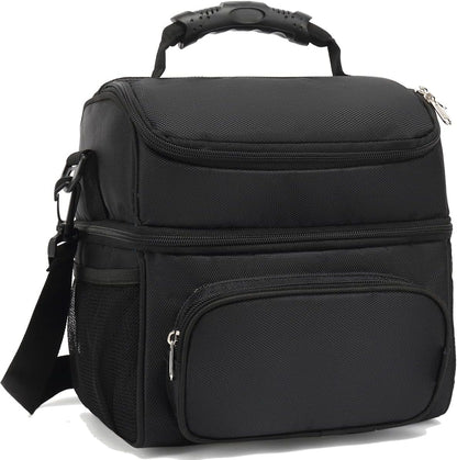 FlowFly Double Layer Cooler Insulated Lunch Bag Adult Lunch Box Large Tote Bag for Men, Women, With Adjustable Strap,Front Pocket and Dual Large Mesh Side Pockets