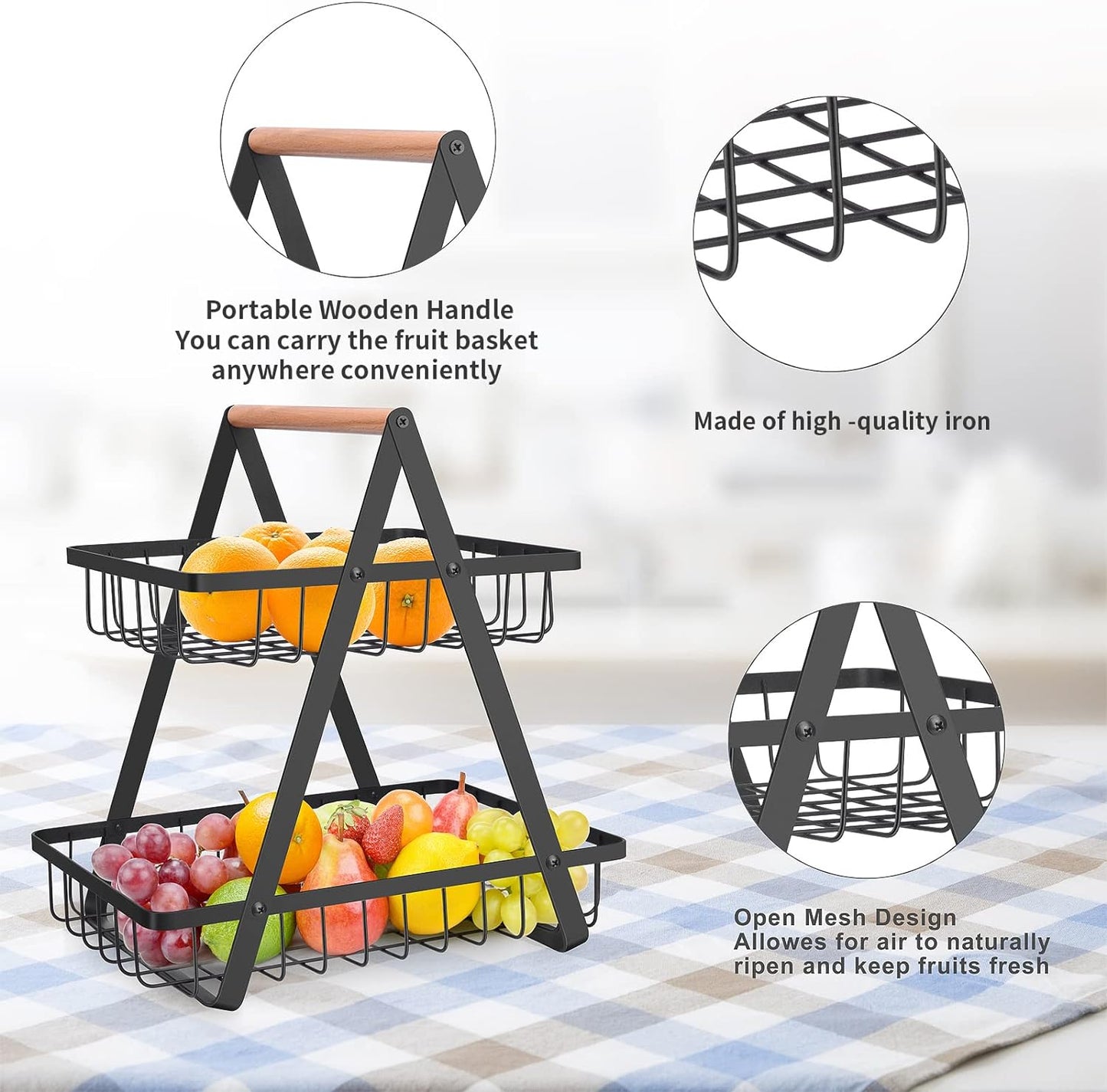 mahueeol 2-Tier Metal Fruit Basket for Kitchen Counter with Wooden Handle | Detachable rectangular baskets hold fruits, vegetables, bread and snacks; use stacked or separately in kitchens and pantries