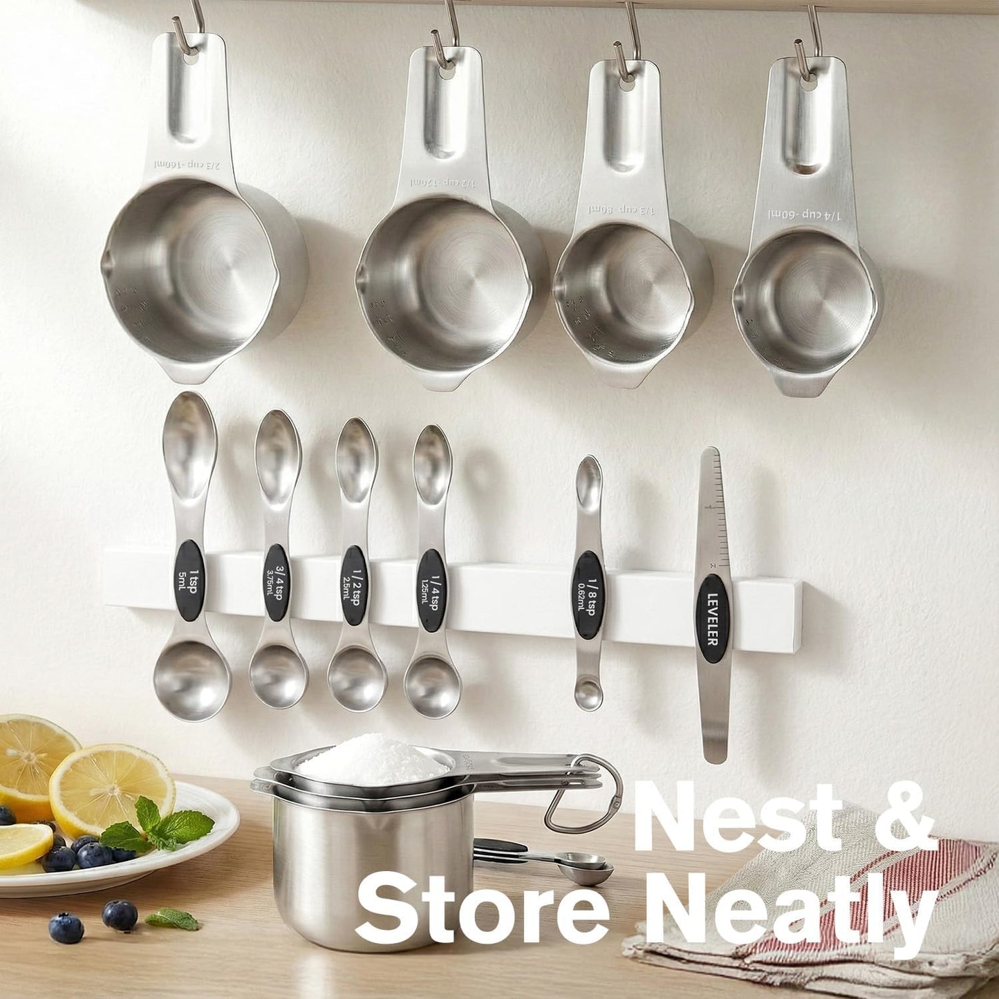 ChefAide Pack of 8 Stainless Steel Magnetic Measuring Spoons Set, Dual Sided, Stackable, Adjustable Teaspoon and Tablespoon Measure Spoon with Leveler, Kitchen Gadgets
