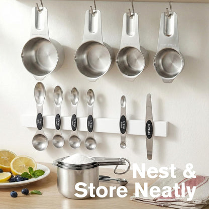 ChefAide Pack of 8 Stainless Steel Magnetic Measuring Spoons Set, Dual Sided, Stackable, Adjustable Teaspoon and Tablespoon Measure Spoon with Leveler, Kitchen Gadgets