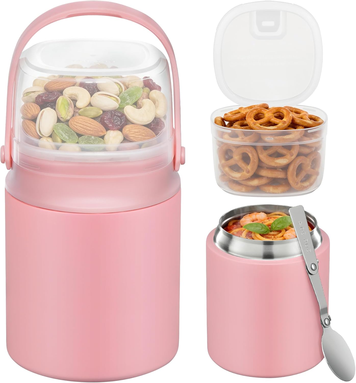 2 - in - 1 Soup Thermo for Hot Food 14oz with Snack Box Container Leak Proof Insulated Lunch Container Kids and Adults Stainless Steel Double Wall Vacuum Wide-mouth Thermal with Spoon and Handle