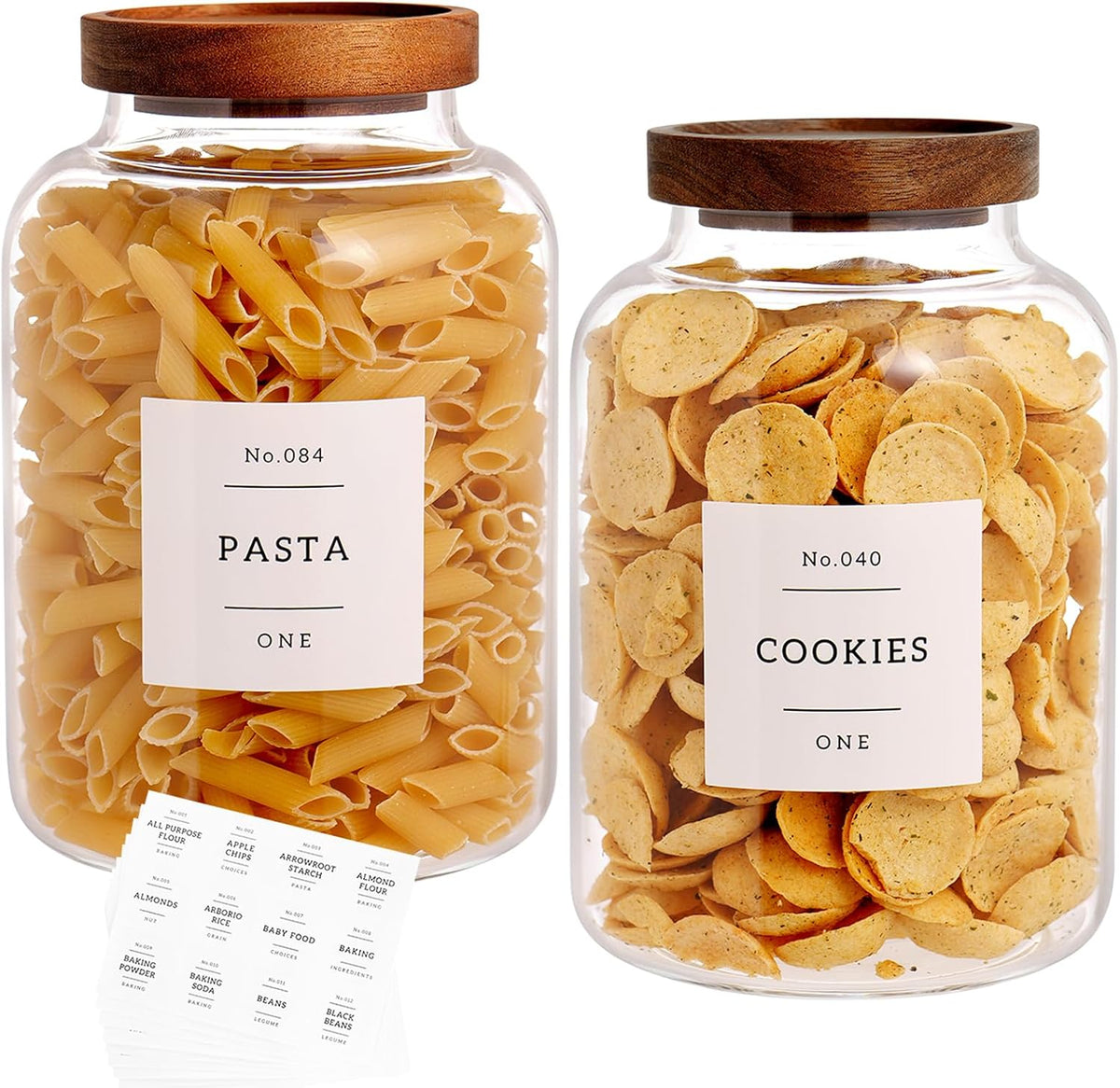 CZHQSMZ Set of 2 Large Glass Flour and Sugar Containers with 132 Pantry Labels - Glass Food Storage Jars with Airtight Bamboo Lid for Flour Pasta Candy Coffee Cookie and More(1 Gallon/4000 ml)