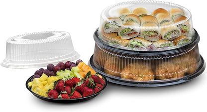 Party Essentials Hard Plastic 12" Black Trays With Clear Dome Lids, Set of 2 Trays and 2 Lids, Clear/Black