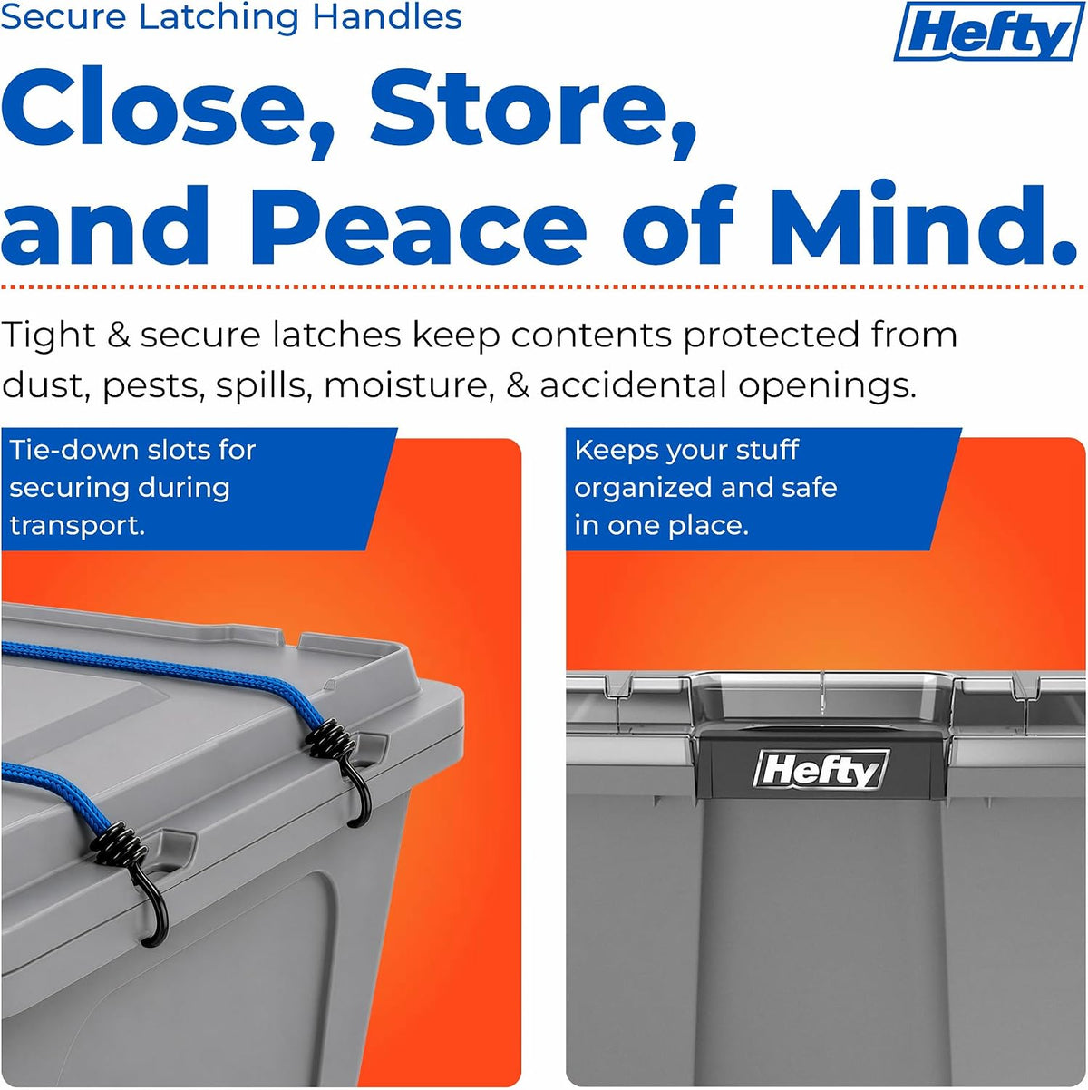 Hefty MAX Pro 12 Gallon Storage Bins with Latching Lids, Heavy Duty Stackable Plastic Storage Containers for Garage, Basement & Outdoor Use, Utility Storage Tote, 6 Pack, Gray