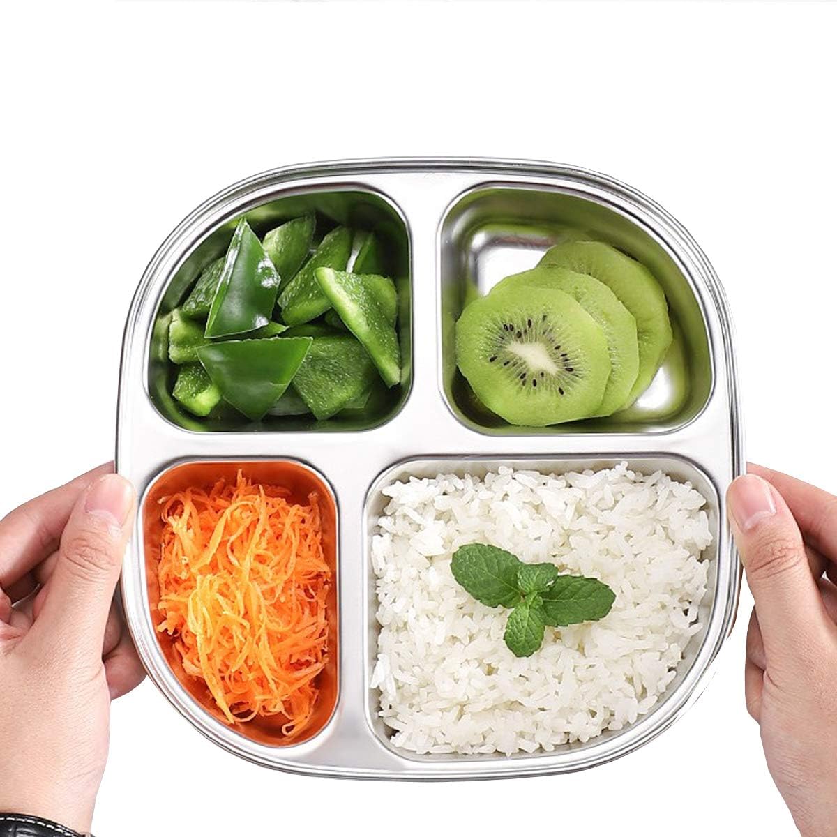 Set of 2 Stainless Steel Rectangular Divided Plates Tray 5 Sections Dinner Plates for Adults - Unbreakable Metal Plate for Campers, and Portion Control Reusable Plate