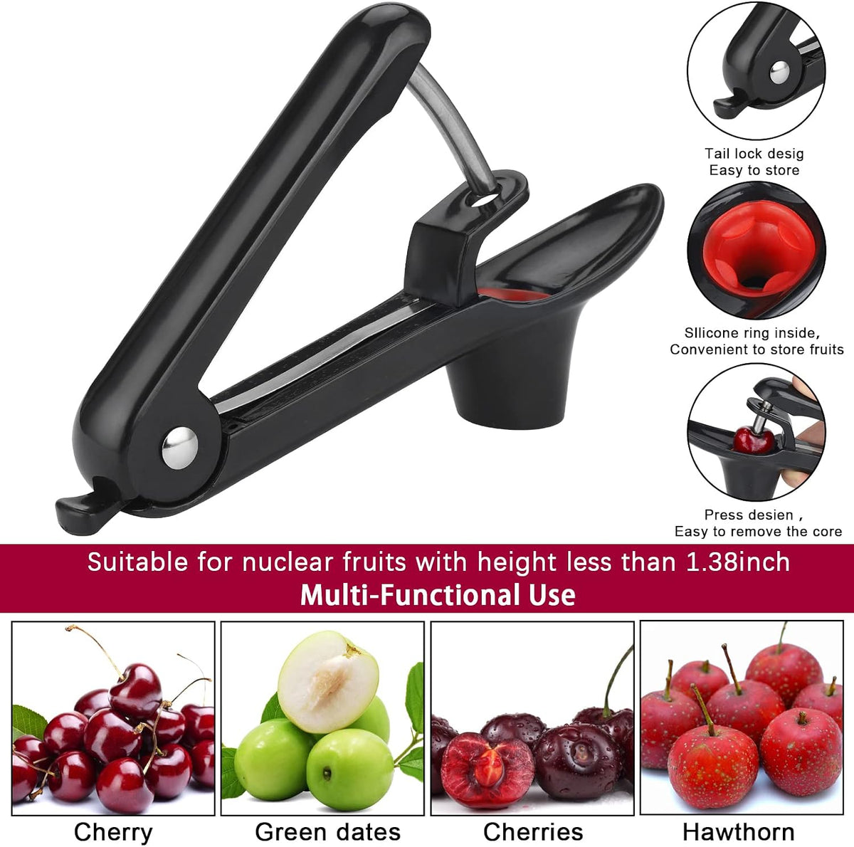 Cherry Pitter, Heavy-Duty Olive and Cherry Pitters Corer Tool with Space-Saving Lock Design, Multi-Function Cherries Stoner Seed Remover Tool for Making Cherry Jam (Black)