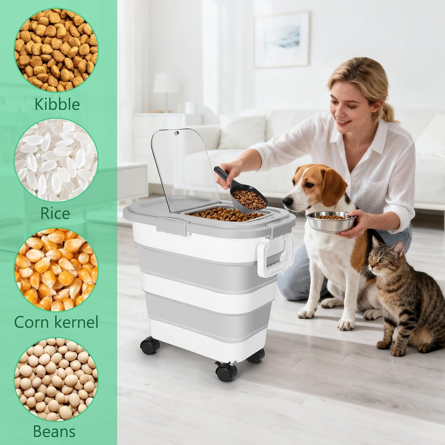 Dog Food Storage Container with Rolling Wheel and Airtight Lid, Black, 30LB | Foldable Food Storage Bins with Snap-Lid Seal to Keep Kibble, Pellets or Seeds Fresh for Dogs, Cats and Birds