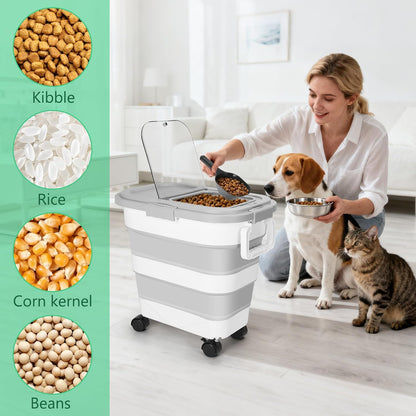 Dog Food Storage Container with Rolling Wheel and Airtight Lid, Black, 30LB | Foldable Food Storage Bins with Snap-Lid Seal to Keep Kibble, Pellets or Seeds Fresh for Dogs, Cats and Birds