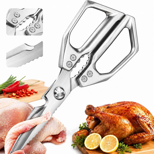 Poultry Shears Heavy Duty, Stainless Steel Kitchen Scissors for Chicken Meat Fish Seafood, Multi Purpose Food Scissors with Bone Cutter (Silver)