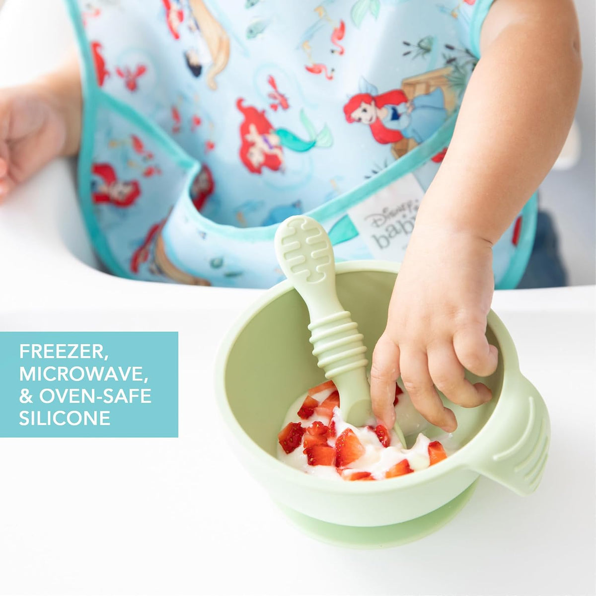 Bumkins Baby Bowl, Silicone Feeding Set with Suction for Baby and Toddler, Includes Spoon and Lid, First Feeding Set, Training Essentials for Baby Led Weaning for Babies 4 Months Up, Sage
