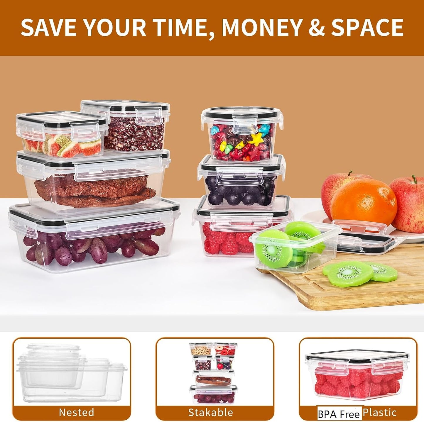 PRAKI 48 Pack Food Storage Containers with Airtight Lids (24 Containers & 24 Lids), Kitchen storage containers for Pantry Organizers and Storage, Meal Prep Container with Labels & Marker