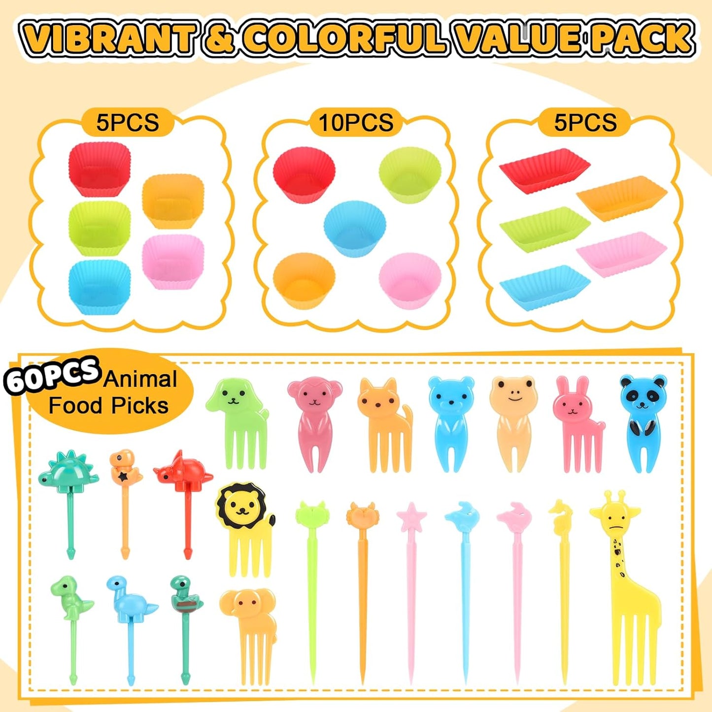 Axlksia 80 Pcs Silicone Lunch Box Dividers Set, Reusable Cupcake Liners for Baking, Colorful Lunch Bento Box Accessories with Cute Animal Food Picks (20 Cupcake Liners + 60 Animal Picks)