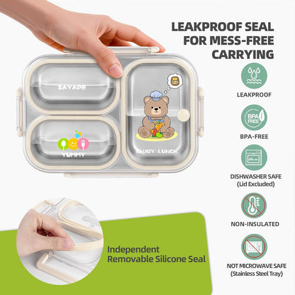 SAYAPE Stainless Steel Bento Lunch Box for Kids, 26.4 oz Leak-Proof 3-Compartment Metal Bento Box, BPA-Free, Cute Cartoon Meal Prep Snack Container with Utensils for School, Office, Travel - Beige