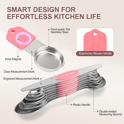 16-Piece Stainless Steel Measuring Cups and Spoons Set, Strong Magnetic Nesting Design 7 Cups 8 Spoons with Leveler, Double Measurement Markings for Dry & Liquid Ingredients, Gold