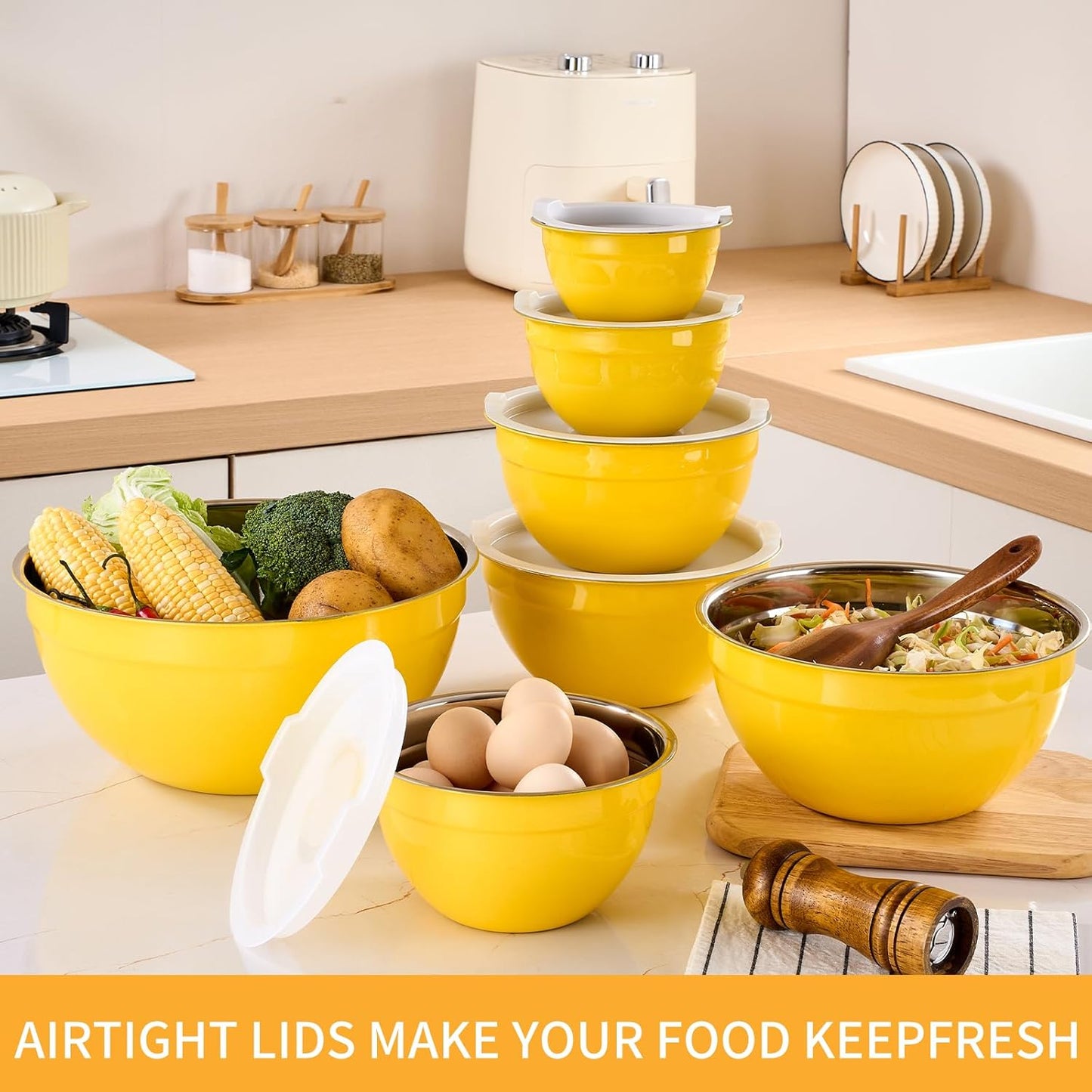 Pink Mixing Bowls with Airtight Lids, Stainless Steel Nesting Mixing Bowls Set of 7, Ideal for Baking, Prepping and Serving Food, Size 7, 3.6, 2.7, 2.1, 1.5, 1.1,0.8 QT, Stackable Design