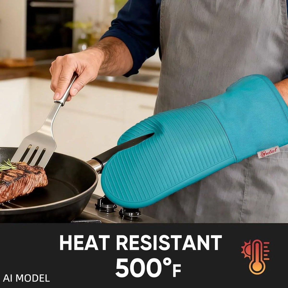 Yutat Silicone Oven Mitts - Oven Mitts and Pot Holders Sets Made of Non-Slip & BPA-Free Silicone, High Heat Resistant 500 Degrees, Perfect for Kitchen Cooking Baking BBQ, Peak Green