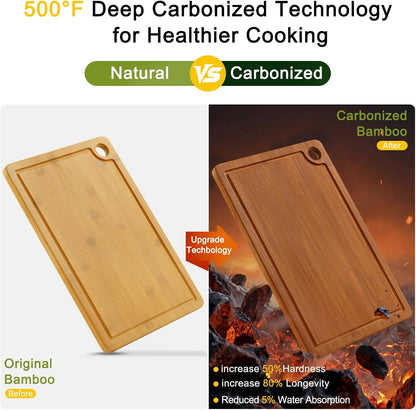 Homaxy Bamboo Cutting Board for Kitchen Set of 3, Wooden Cutting Boards with Non-Slip Mat Deep Juice Groove and Built-In Handles, Wood Chopping Board Set for Meat Fruits & Vegetables