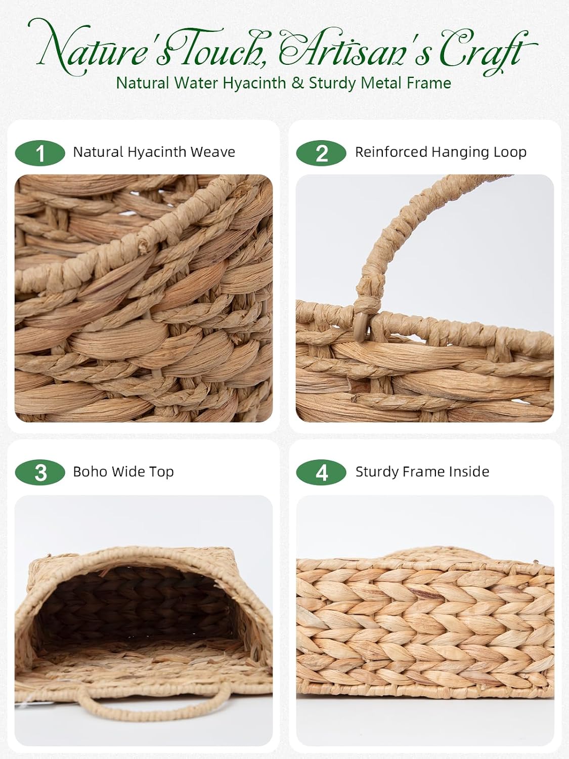 VerdantVibes Woven Wall Hanging Basket – 3-Tier Natural Water-Hyacinth Organizer for Boho Farmhouse Decor, Kitchen & Home Storage (37.4" x 11.2", Folds Flat)