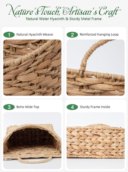 VerdantVibes Woven Wall Hanging Basket – 3-Tier Natural Water-Hyacinth Organizer for Boho Farmhouse Decor, Kitchen & Home Storage (37.4" x 11.2", Folds Flat)