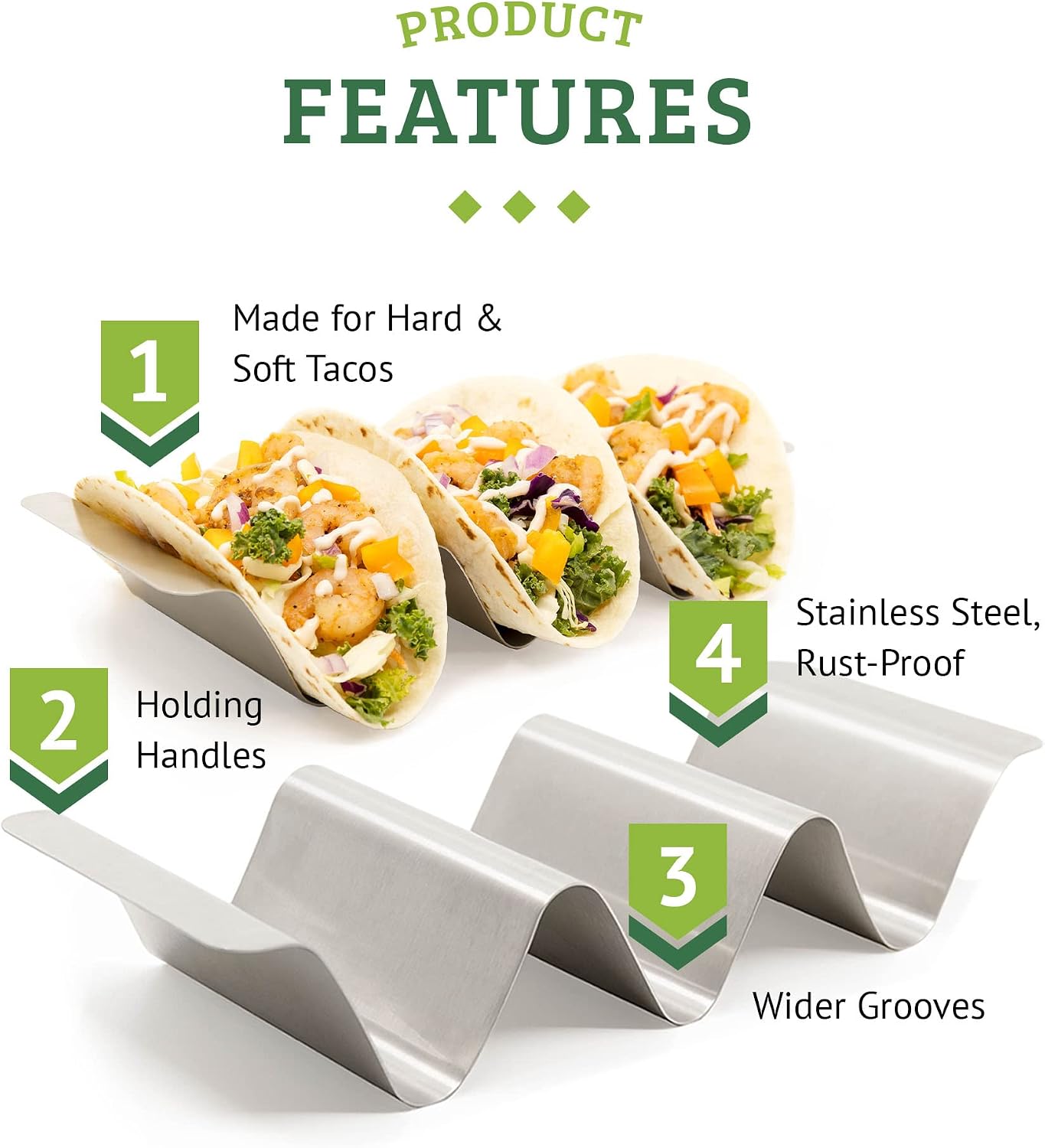 Stainless Steel Taco Holder, Taco Stands with Handles, Dishwasher and Grill Safe Taco Rack, Taco Serving Set, BPA-Free Metal Taco Shell Holders (Set of 6)