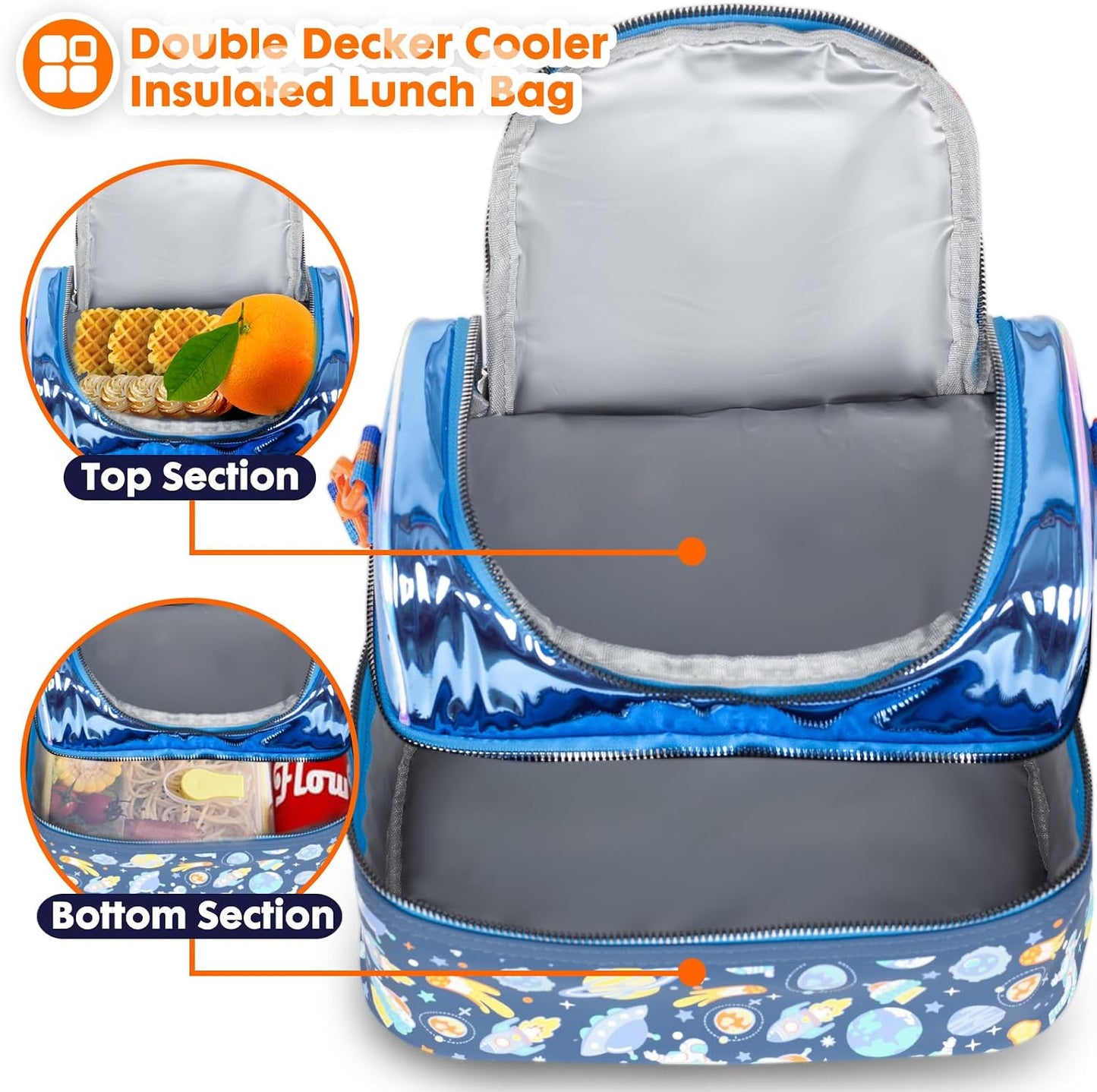 Kids Double Decker Cooler Insulated Lunch Bag, Back to School Large Meal Tote for Boys, Girls, Men, Women, with Adjustable Strap, Soccer