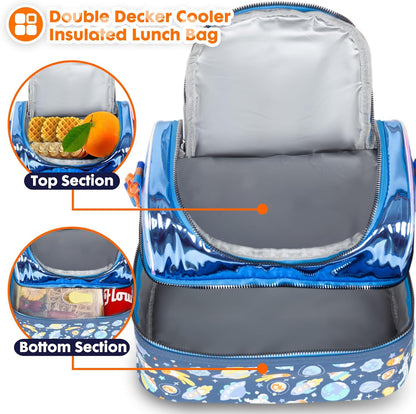 Kids Double Decker Cooler Insulated Lunch Bag, Back to School Large Meal Tote for Boys, Girls, Men, Women, with Adjustable Strap, Soccer