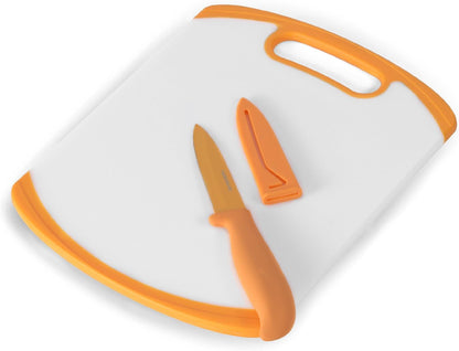 Farberware 2-Piece Paring Knife and Cutting Board Set, 3.5-Inch Paring Knife with Resin Coating and Custom-Fit Blade Cover and Non-Slip Plastic Chopping Board, Dishwasher-Safe Set, White/Blue