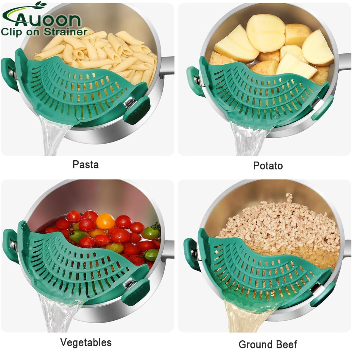 AUOON Clip On Strainer Silicone for All Pots and Pans, Pasta Strainer Clip on Food Strainer for Meat Vegetables Fruit Silicone Kitchen Colander