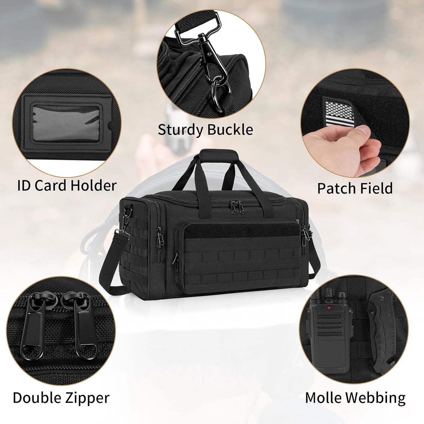 Tactical Pistol Range Bag, Gun Range Bag for Handguns, Shooting Duffle Range Pistol Bag with 6X Magazine Slots, Extra Pockets for Ammo and Essentials