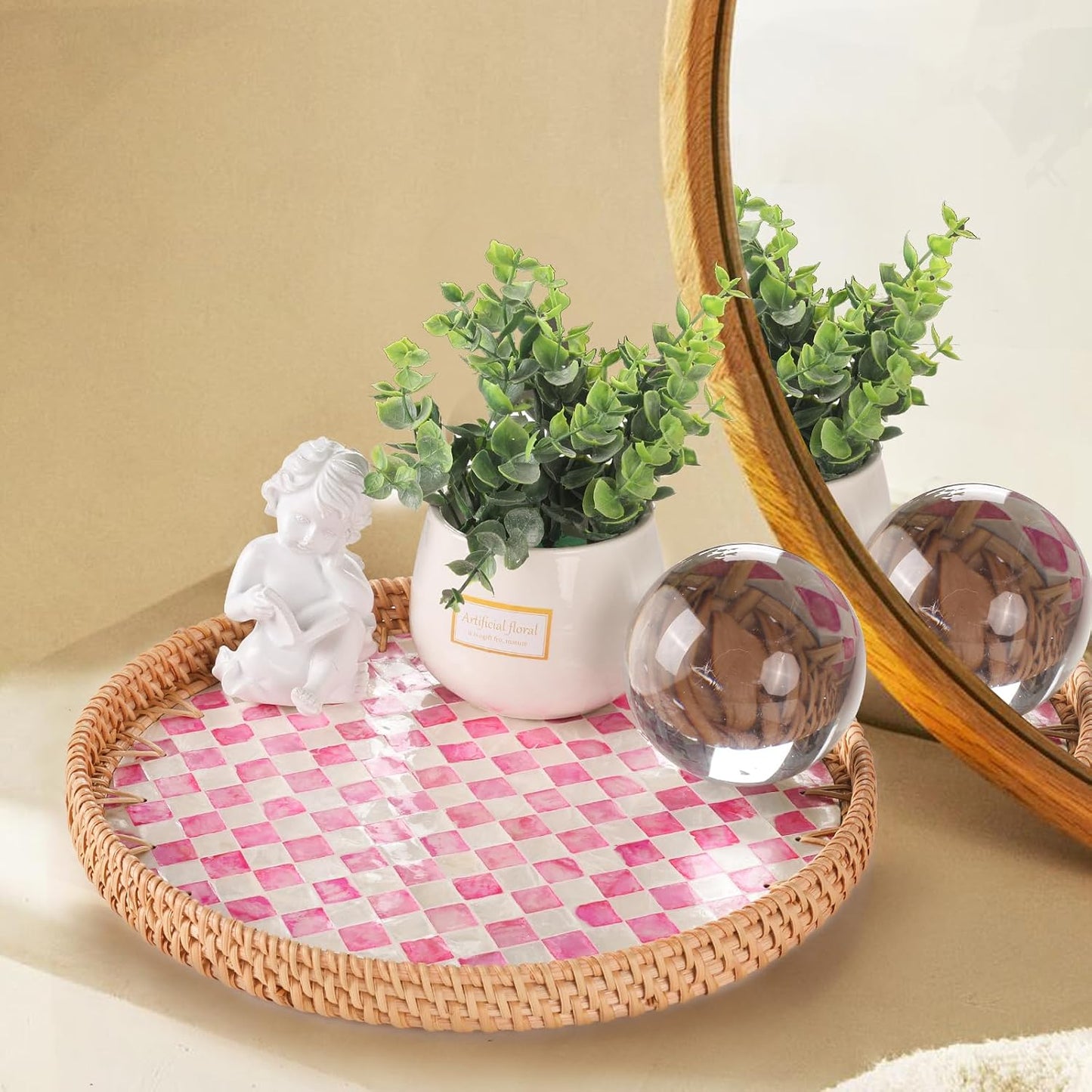 Round Rattan Tray with Mother of Pearl Inlay, Rattan Serving Tray for Coffee, Bread, Fruits, Decorative Wicker Tray for Table Decor, Home Decor, Kitchen Island Decor(Black Checkerboard, 11.8")