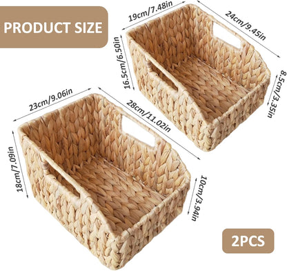 2Pcs Woven Basket, Water Hyacinth Wicker Storage Basket with Build-in Handle Rustic Pantry Baskets Organizer for Kitchen Shelves Organizing