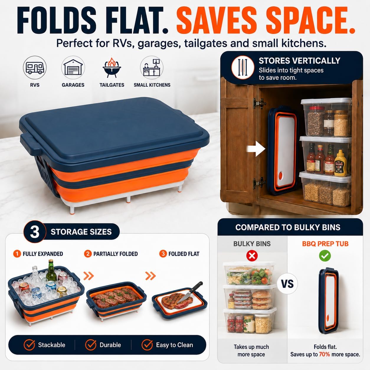 Collapsible BBQ Prep Tub with Convertible Cutting Board Design & Serving Lid – XL Brine Container & Meat Prep System for Brisket, Smoking, Grilling, Camping & Tailgating