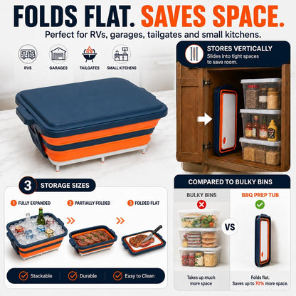 Collapsible BBQ Prep Tub with Convertible Cutting Board Design & Serving Lid – XL Brine Container & Meat Prep System for Brisket, Smoking, Grilling, Camping & Tailgating