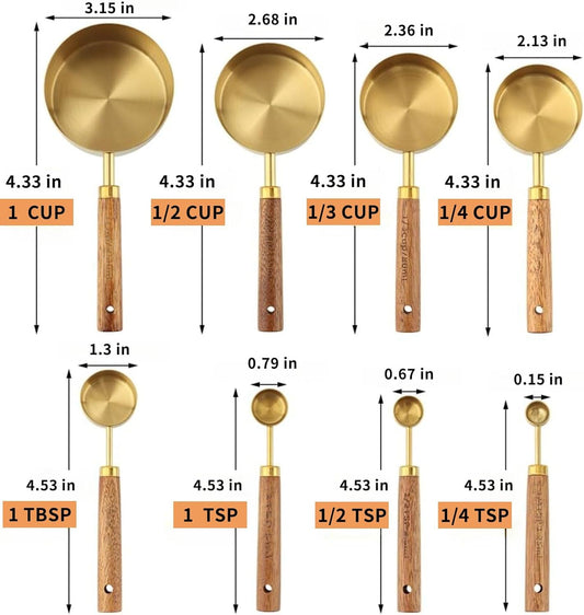 Measuring Cups and Spoons Set 8-Piece, Food-Grade Golden Nonstick with Non-Slip Wooden Handle, Engraved US/Metric Markings for Cooking Baking