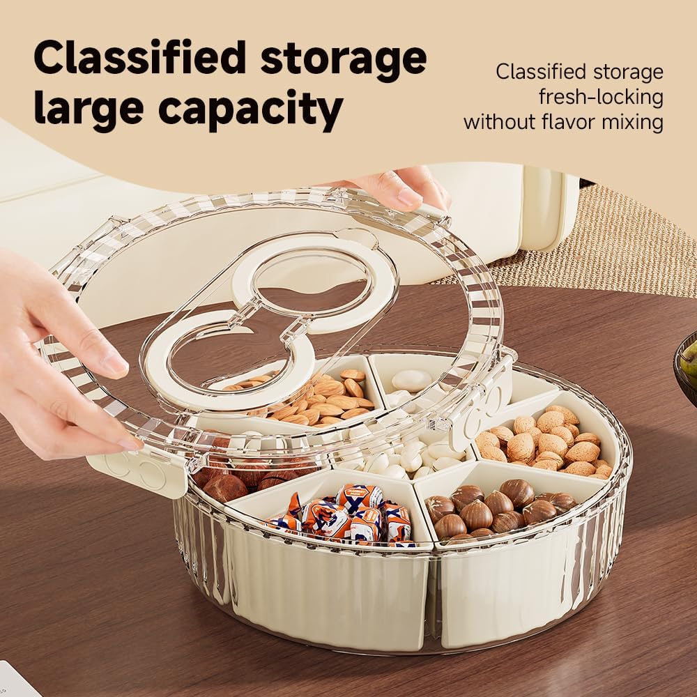 Koja Rotating Snackle Box Container with Lid - Portable Divided Serving Tray for Snacks, Nuts, Candy, Charcuterie, Veggies & Fruit - 360° Turntable Food Organizer (Beige, 7-Compartment)