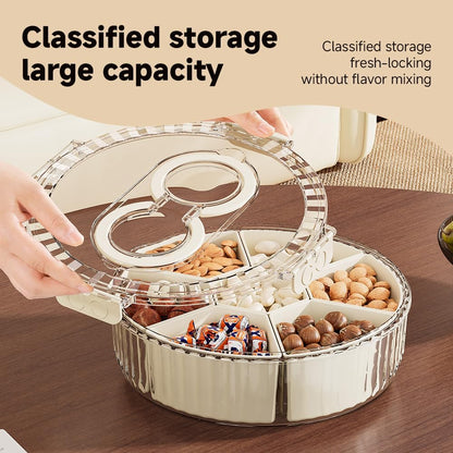 Koja Rotating Snackle Box Container with Lid - Portable Divided Serving Tray for Snacks, Nuts, Candy, Charcuterie, Veggies & Fruit - 360° Turntable Food Organizer (Beige, 7-Compartment)