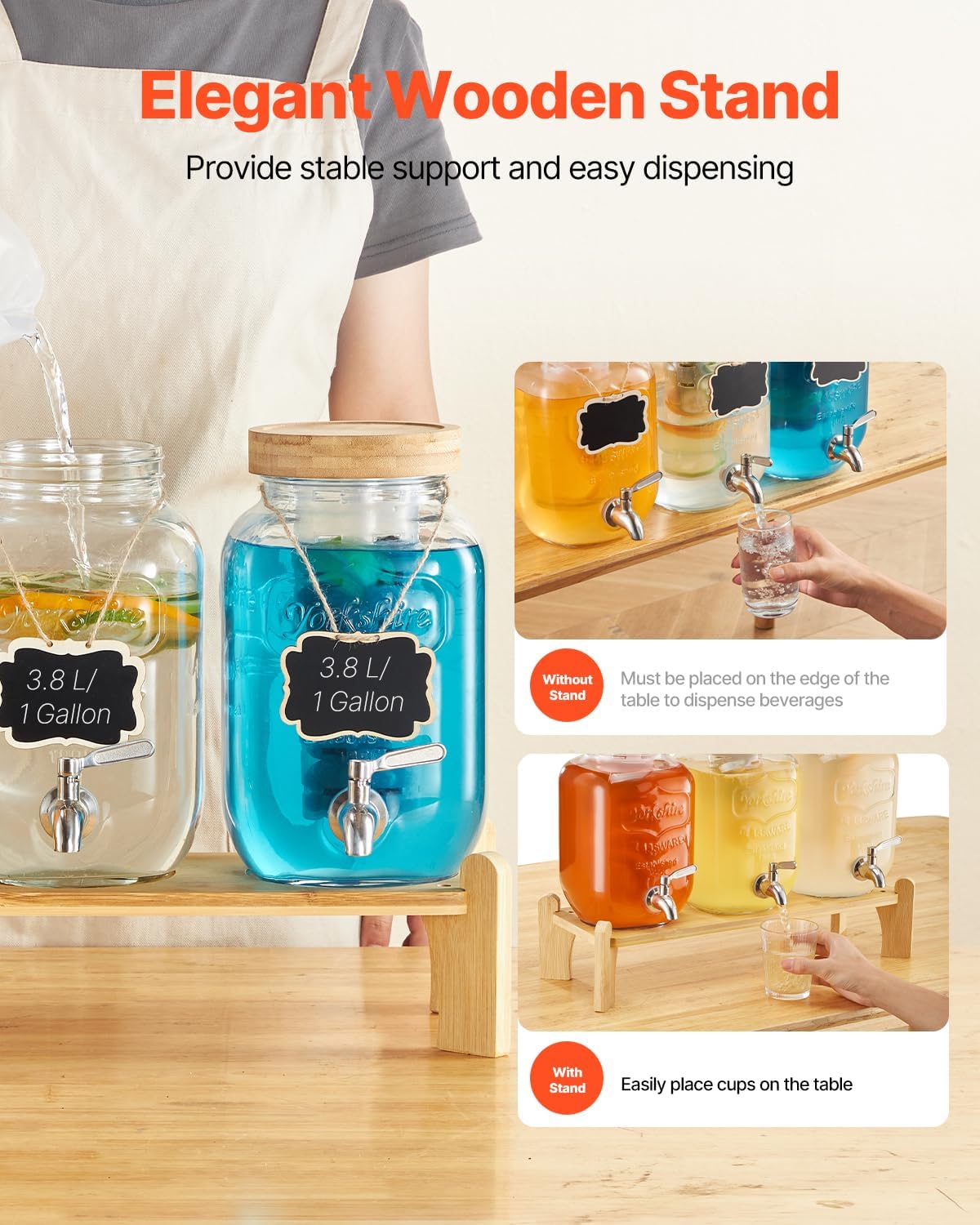 VEVOR Beverage Dispenser, 3 Pack 2 Gallon Drink Dispensers for Parties, Glass Juice Dispenser with Metal Stand, Stainless Steel Spigot, Infuser, Iced Tea Lemonade Juice Water Dispensers for Parties