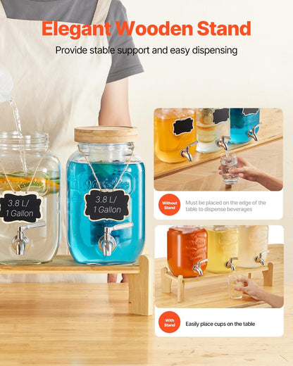 VEVOR Beverage Dispenser, 3 Pack 2 Gallon Drink Dispensers for Parties, Glass Juice Dispenser with Metal Stand, Stainless Steel Spigot, Infuser, Iced Tea Lemonade Juice Water Dispensers for Parties