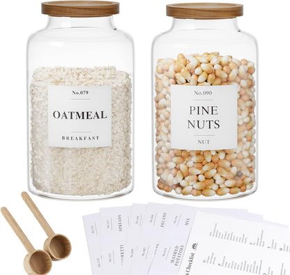 2 PCS Flour Sugar Storage Containers Glass Jar, 4000ml/1 Gallon/4.2 Qt/135oz,Large Glass Food Storage Jars with Wood Airtight Lids,for Tea,Spice,Cereal Rice Flour Pasta Sugar