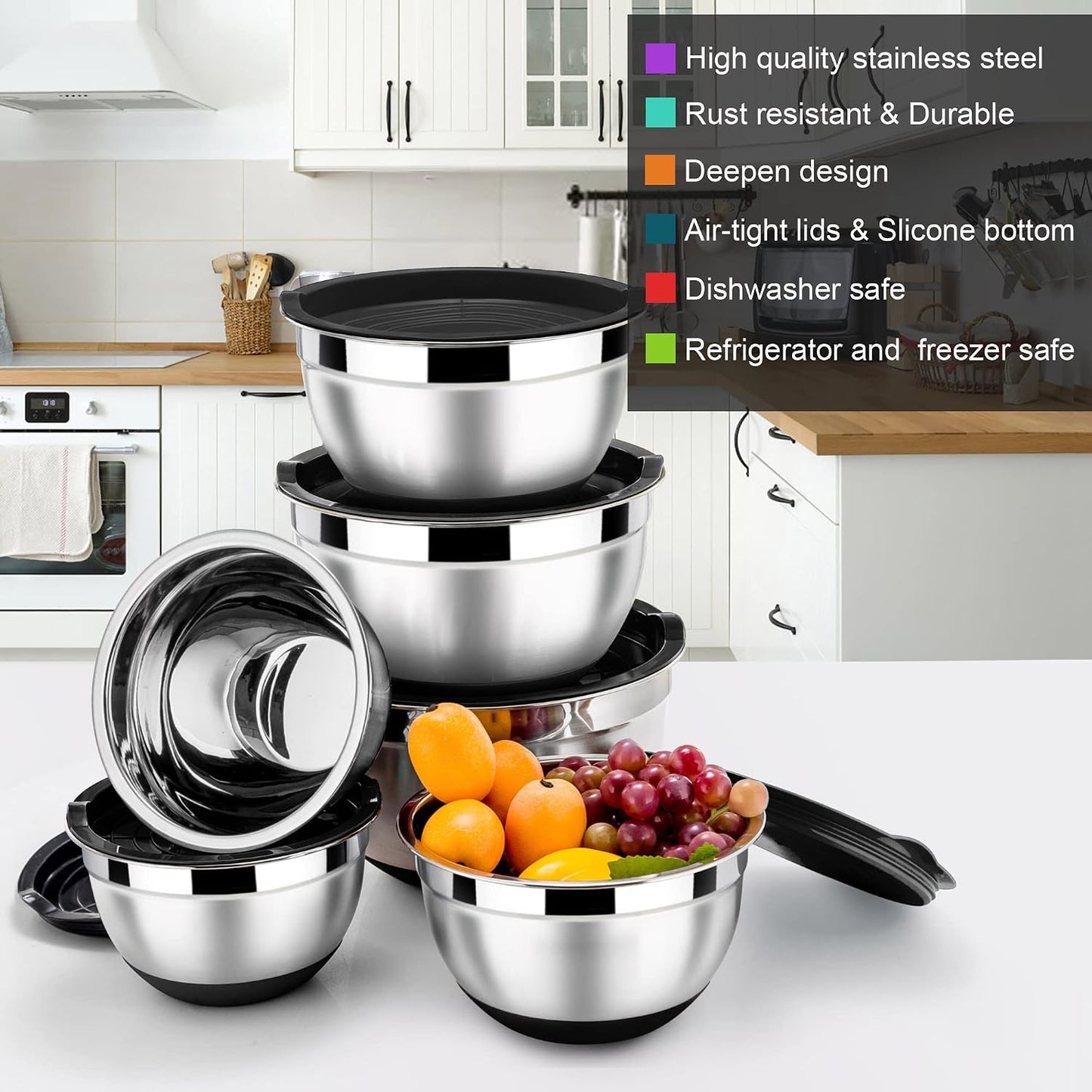LIANYU Stainless Steel Mixing Bowls Sets of 6, Large 7, 3.5, 2.5, 2, 1.5, 1QT Size with Transparent Airtight Lids, Metal Nesting Serving Bowl Sets for Home Kitchen, Dishwasher & Freezer Safe, Black