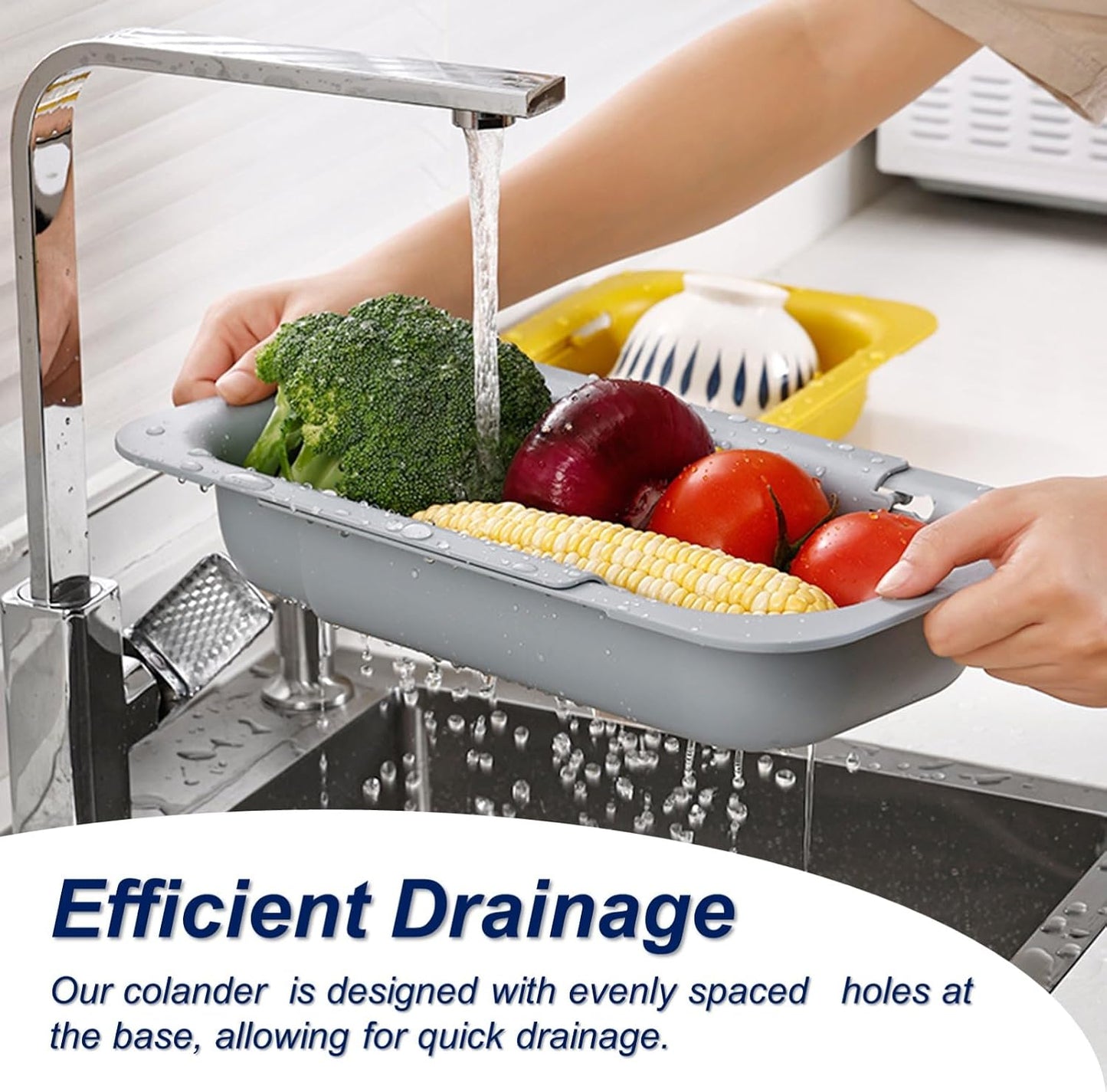 Extendable Sink Colander Strainer Basket - Wash Vegetables and Fruits, Drain Cooked Pasta and Dry Dishes - Adjustable Over the Sink Colander Collapsible Drainer Basket - White