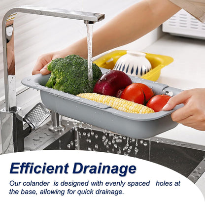 Extendable Sink Colander Strainer Basket - Wash Vegetables and Fruits, Drain Cooked Pasta and Dry Dishes - Adjustable Over the Sink Colander Collapsible Drainer Basket - White